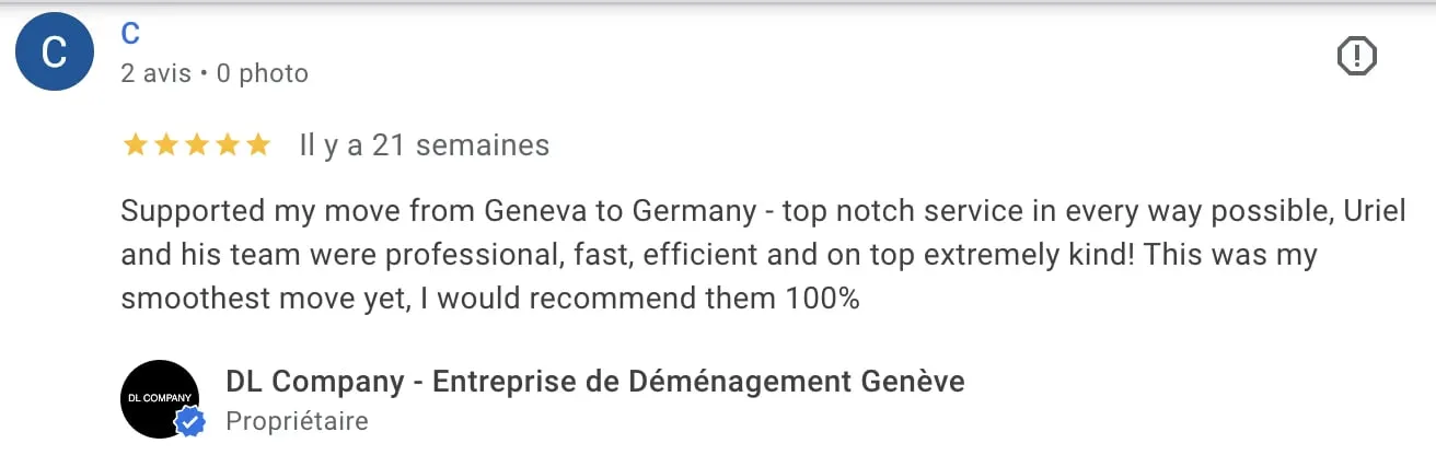 Avis Google 5 étoiles de Cristina après son déménagement de Genève vers l’Allemagne
