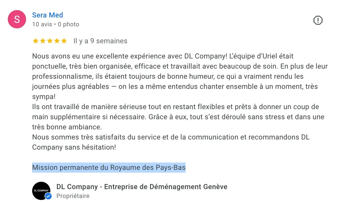 Avis Google 5 étoiles de la Mission permanente du Royaume des Pays-Bas