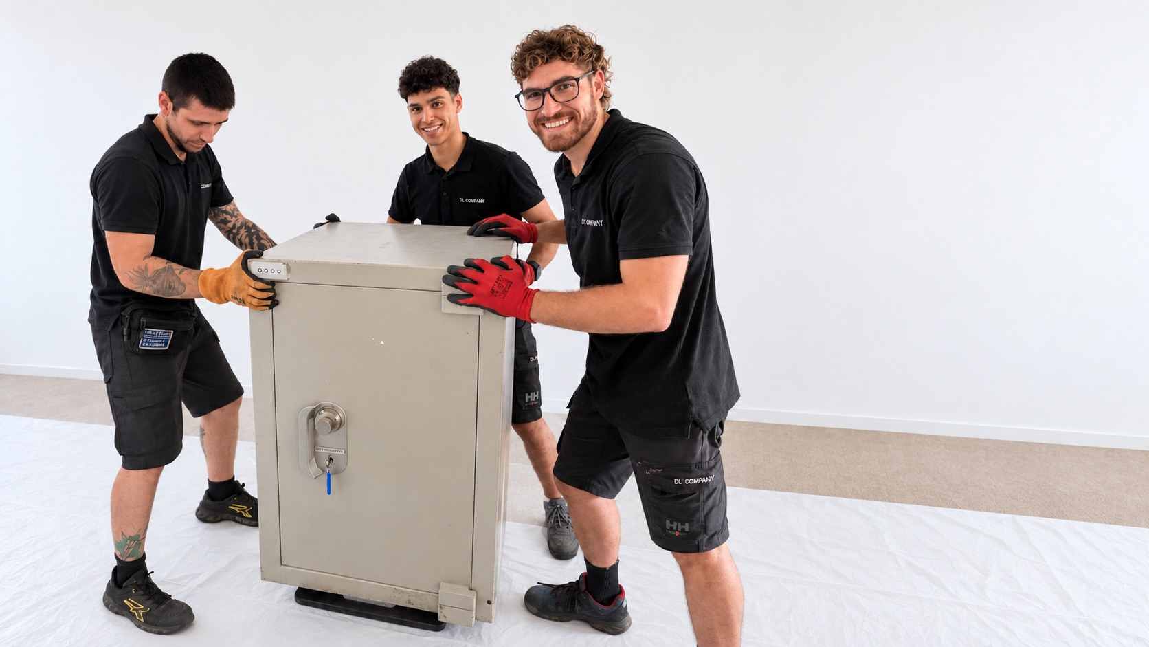 Trois déménageurs DL Company déplacent un coffre-fort dans un appartement vide