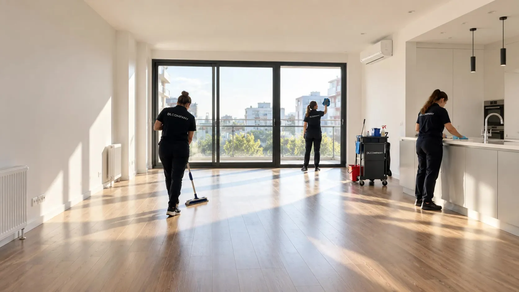 Équipe de nettoyage DL Company dans un grand appartement vide et lumineux : nettoyage de fin de bail à Genève